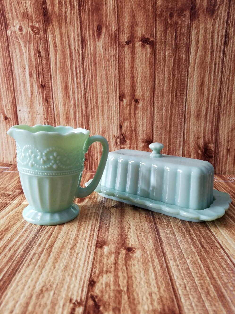 Pioneer Woman Timeless Beauty Jade Green Glass Butter Dish and Creamer Set